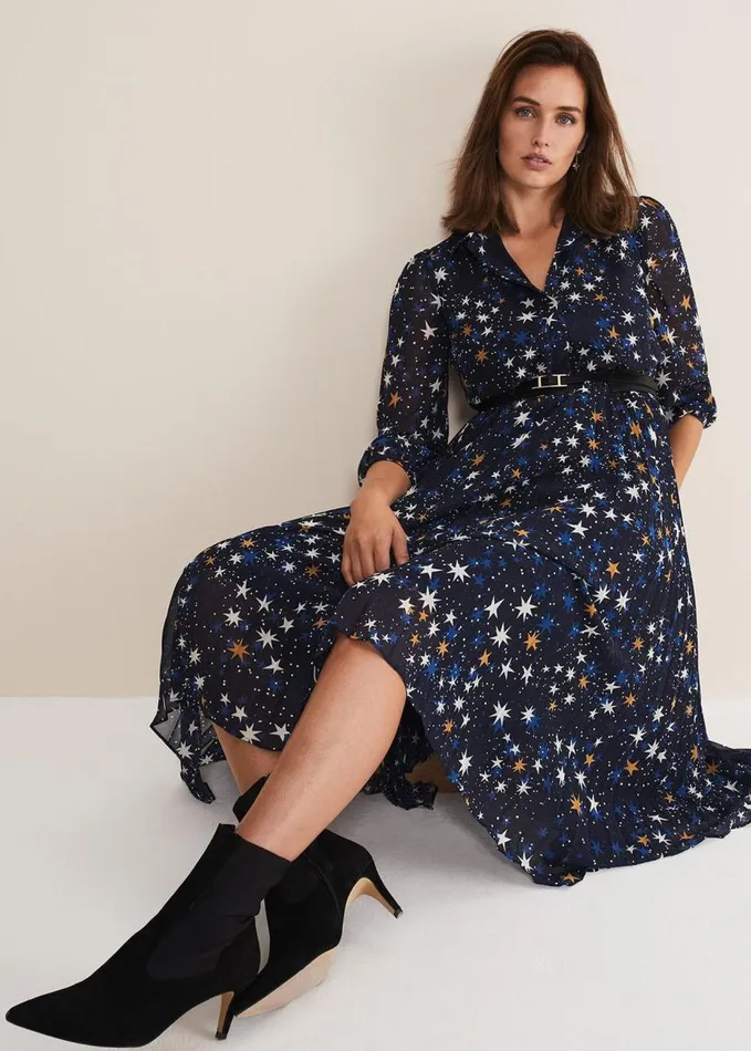 Phase Eight Dani Star Pleated Dress Navy Women Dresses