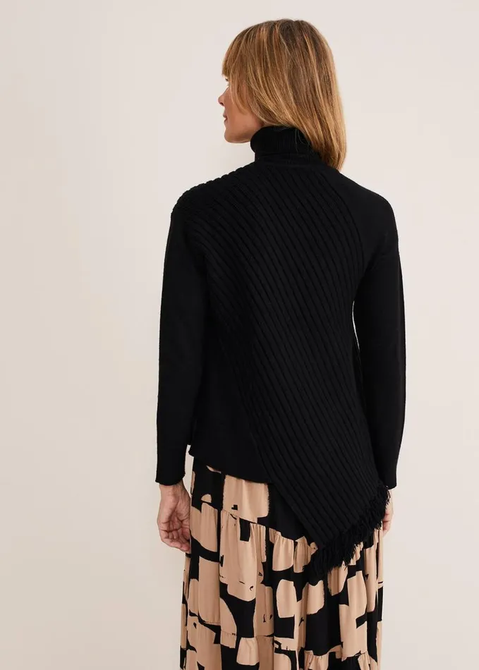 Phase Eight Darcy Cosy Asymmetric Fringe Knit Black Women Knitwear