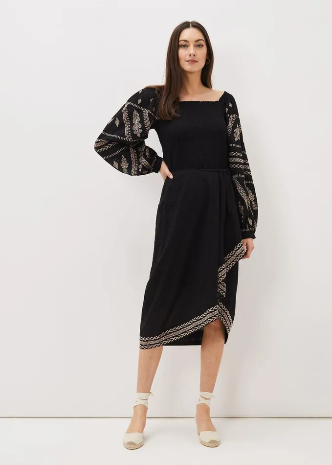 Phase Eight Debby Shirred Embroidered Blouse Black Women Shirts and Blouses