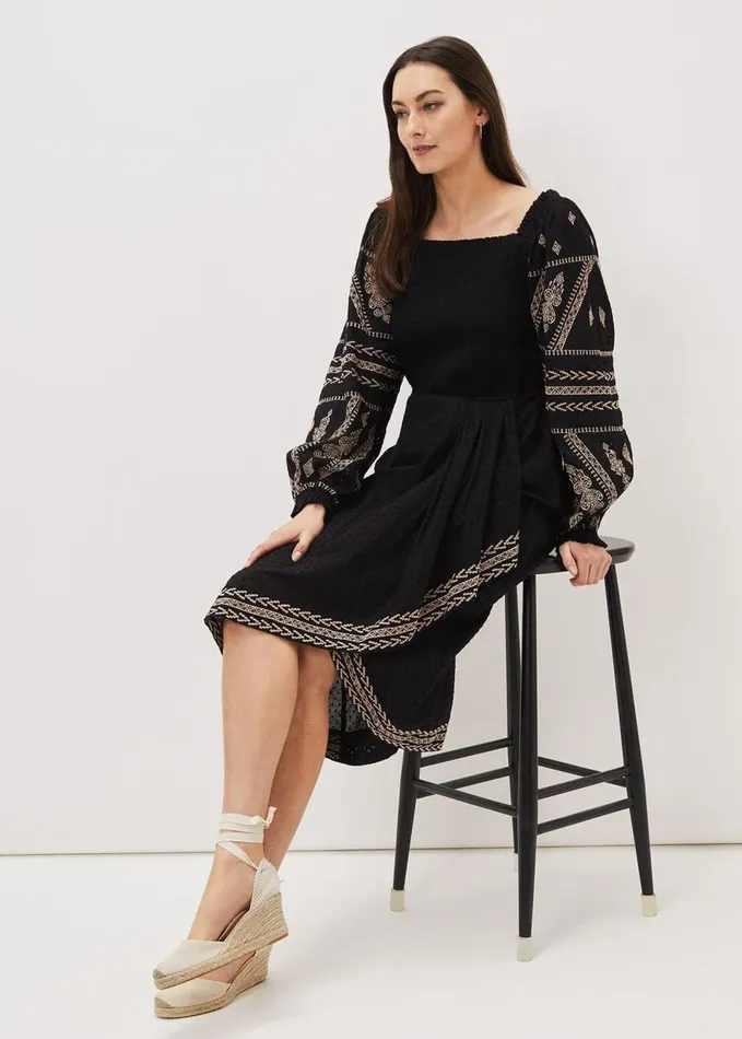 Phase Eight Debby Shirred Embroidered Blouse Black Women Shirts and Blouses