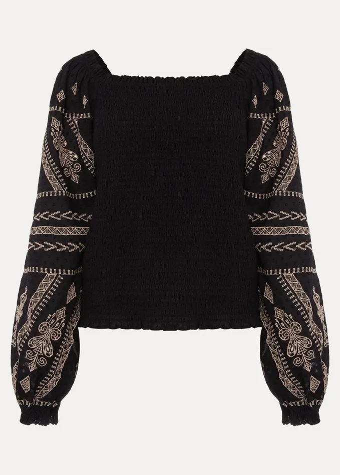 Phase Eight Debby Shirred Embroidered Blouse Black Women Shirts and Blouses