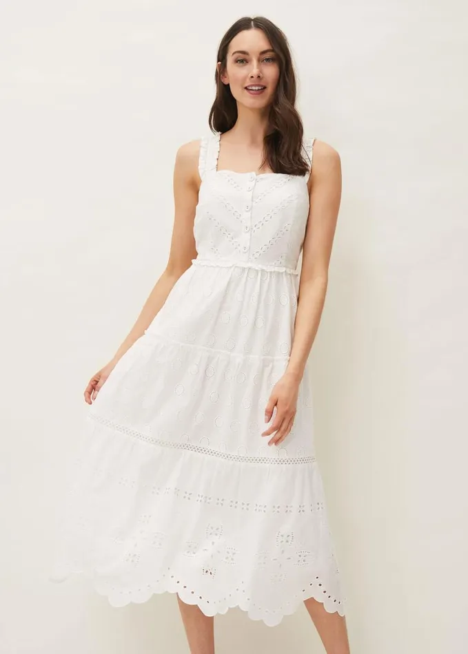 Phase Eight Ellie Broderie Midi Dress White Women Dresses