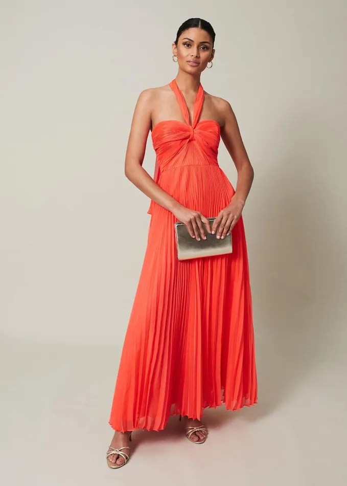 Phase Eight Evangeline Pleated Halterneck Maxi Dress Coral Women Dresses