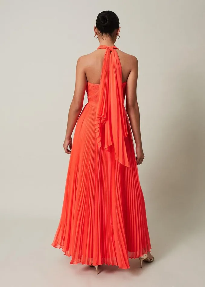 Phase Eight Evangeline Pleated Halterneck Maxi Dress Coral Women Dresses