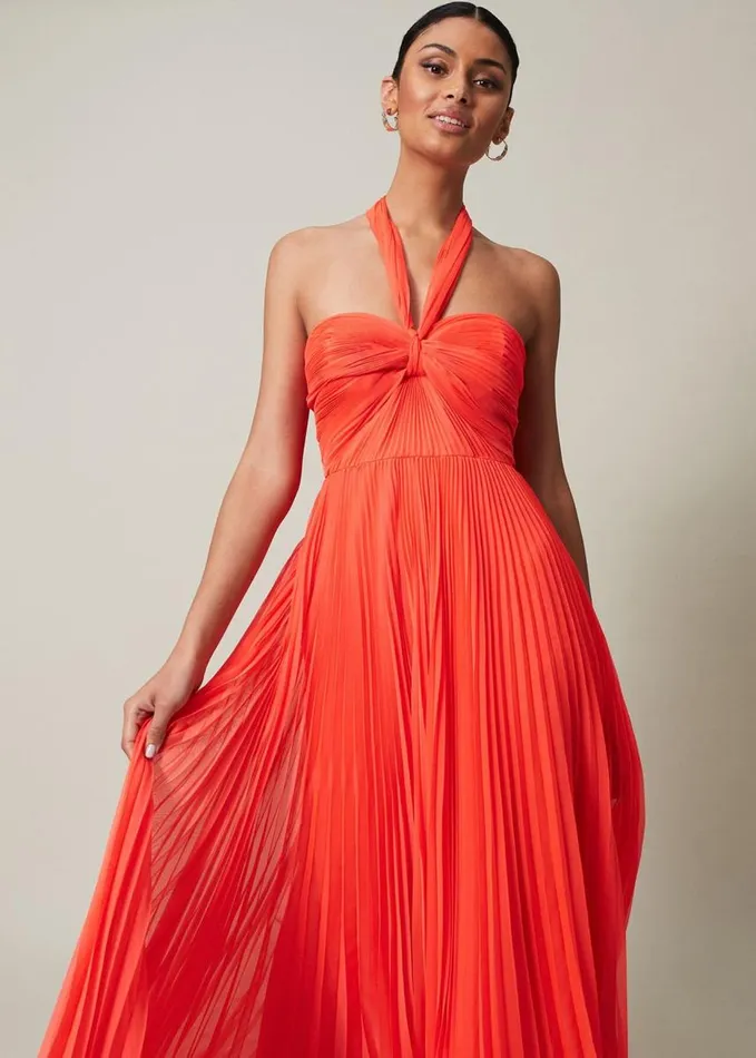 Phase Eight Evangeline Pleated Halterneck Maxi Dress Coral Women Dresses