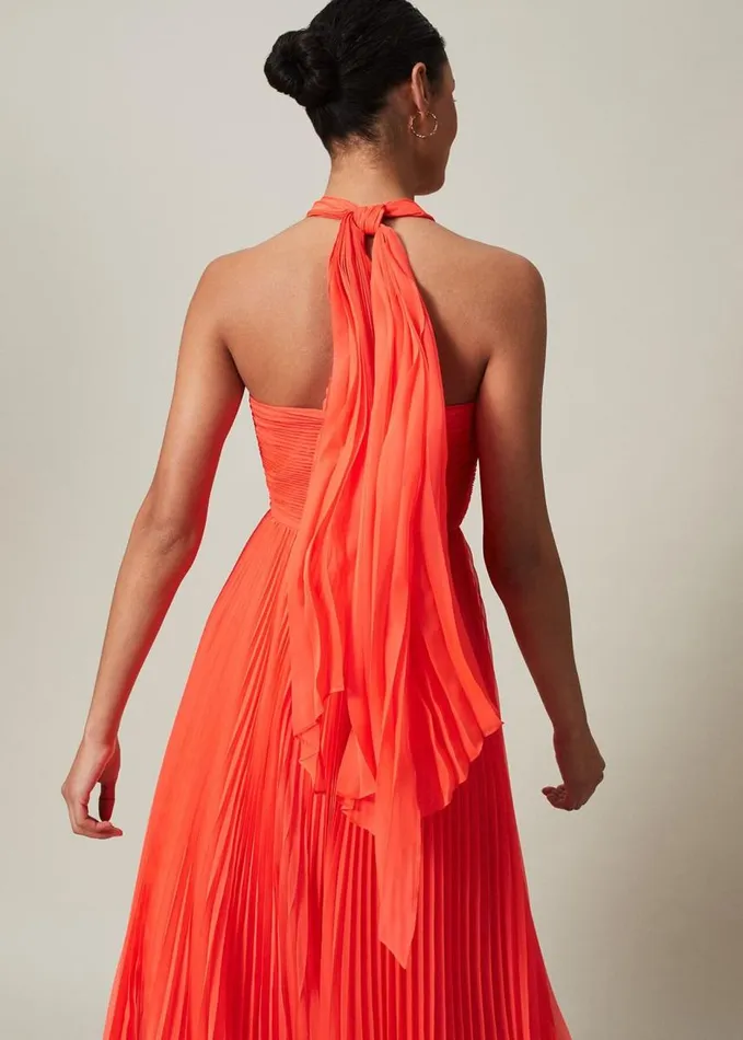 Phase Eight Evangeline Pleated Halterneck Maxi Dress Coral Women Dresses