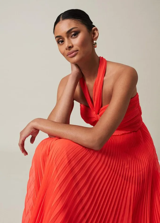 Phase Eight Evangeline Pleated Halterneck Maxi Dress Coral Women Dresses