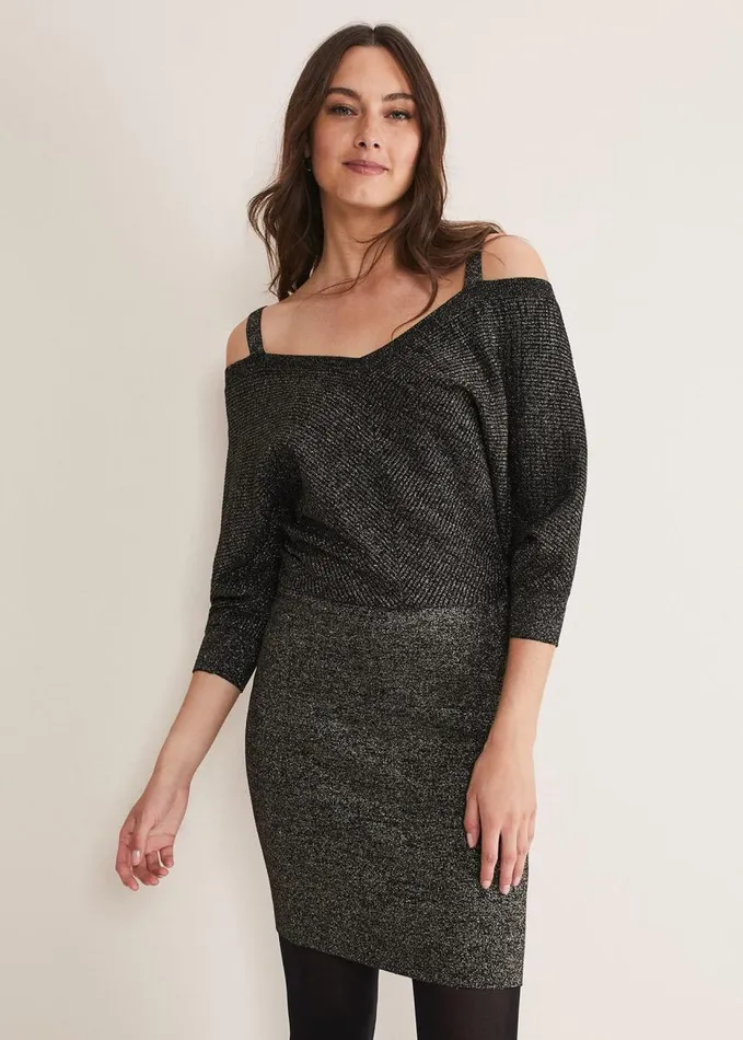 Phase Eight Florin Fitted Lurex Column Dress Blackgold Women Dresses