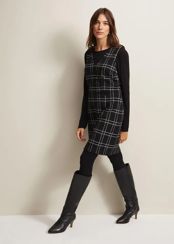 Phase Eight Gemma Checked Pinafore Mini Dress Blackivory Women Dresses