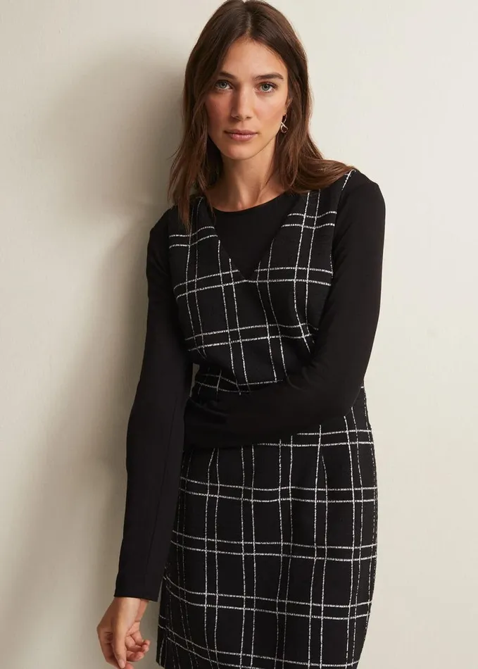 Phase Eight Gemma Checked Pinafore Mini Dress Blackivory Women Dresses