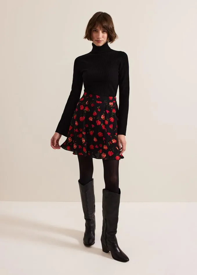 Phase Eight Ilaria Rose Print Flippy Skirt Black Women Skirts