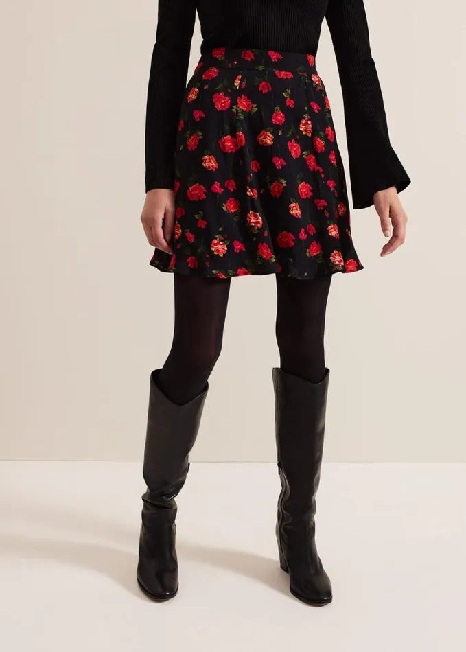 Phase Eight Ilaria Rose Print Flippy Skirt Black Women Skirts