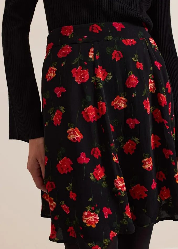 Phase Eight Ilaria Rose Print Flippy Skirt Black Women Skirts