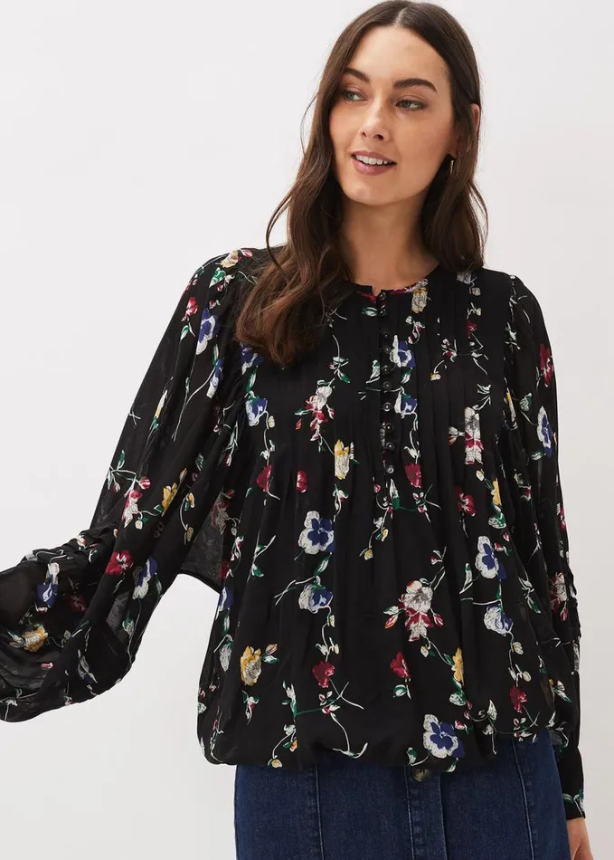 Phase Eight Imara Floral Blouson Sleeve Blouse Blackmulti Women Shirts and Blouses