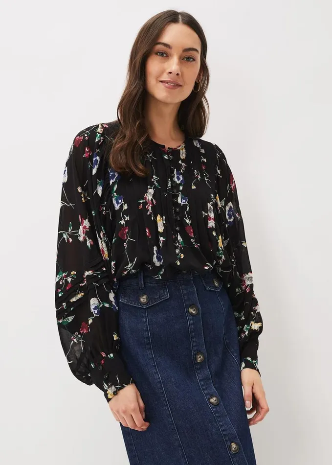 Phase Eight Imara Floral Blouson Sleeve Blouse Blackmulti Women Shirts and Blouses