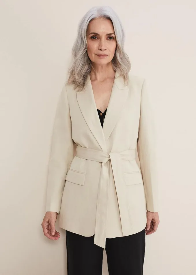 Phase Eight Inessa Linen Belted Blazer Stone Women Coats