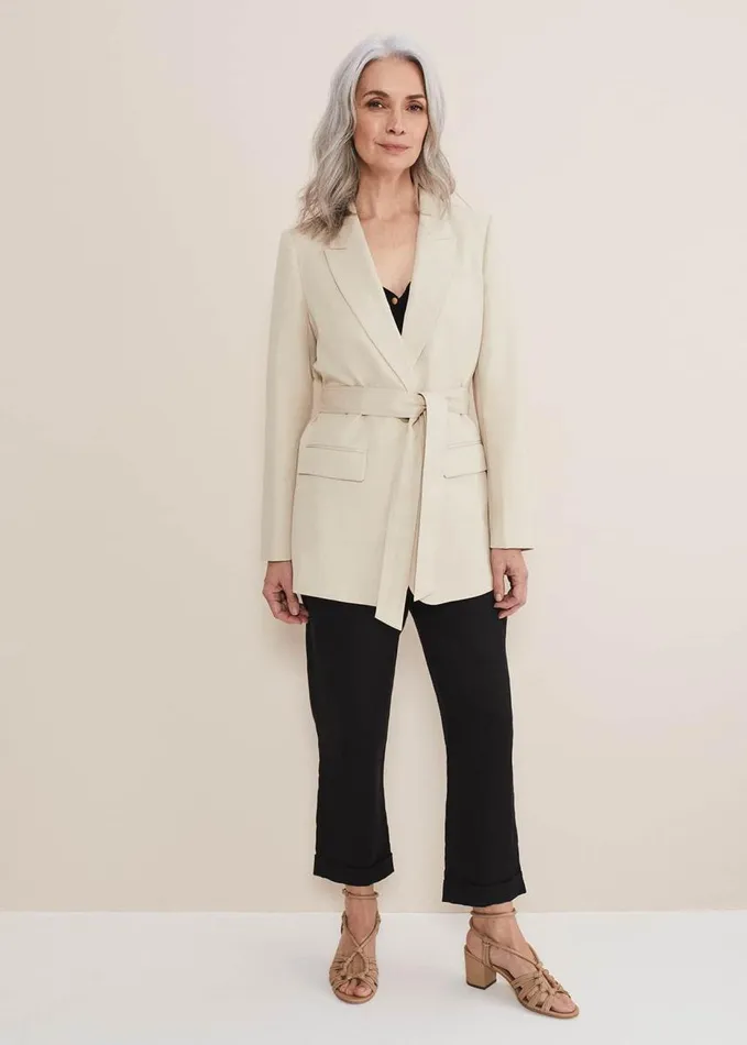 Phase Eight Inessa Linen Belted Blazer Stone Women Coats