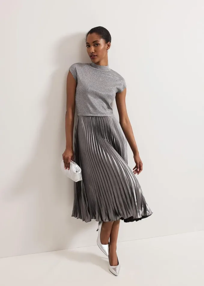 Phase Eight Jayla Metallic Knit Dress Silver Women Dresses