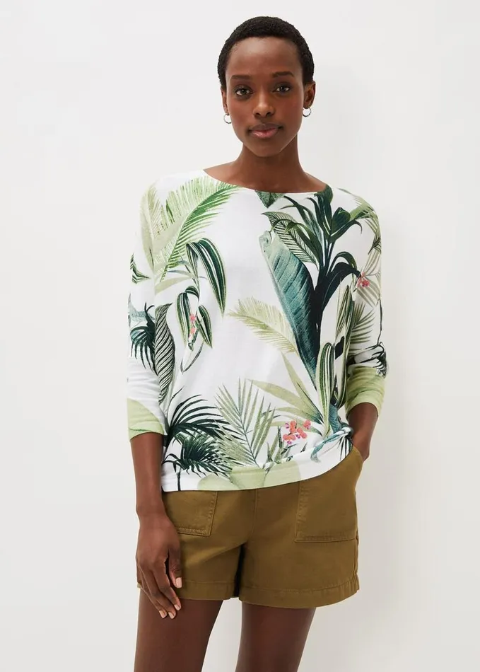 Phase Eight Johanna Cotton Palm Print Jumper Khakiwhite Women Knitwear