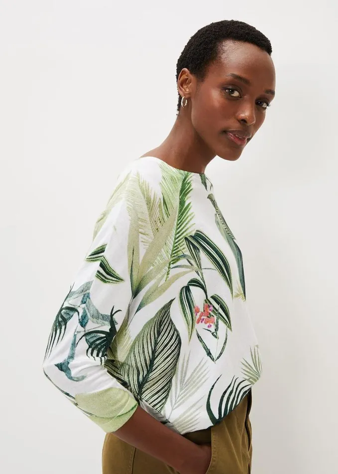 Phase Eight Johanna Cotton Palm Print Jumper Khakiwhite Women Knitwear
