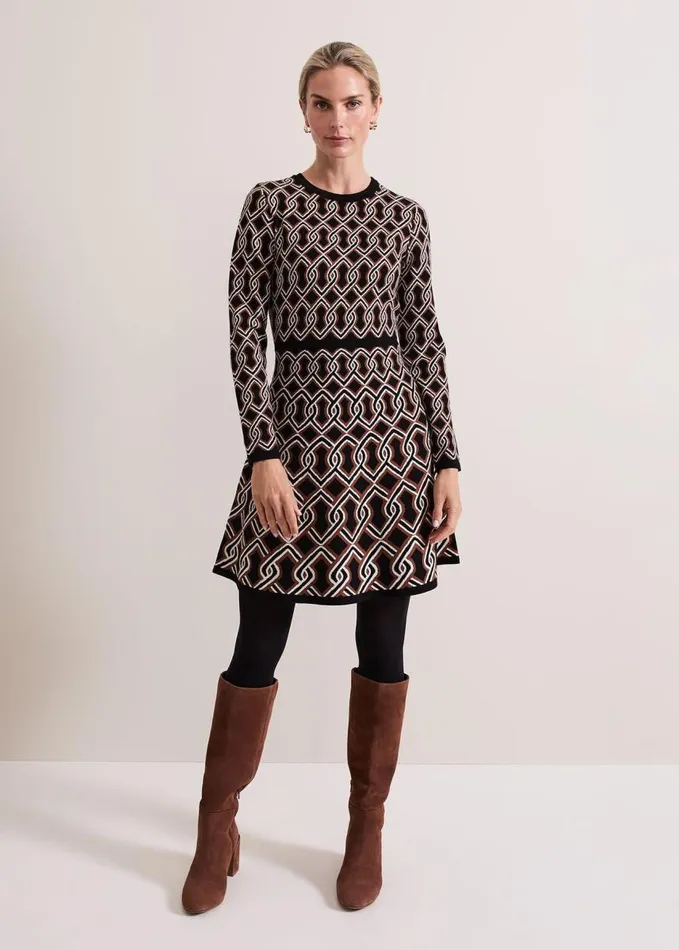 Phase Eight Josie Jacquard Fit And Flare Swing Dress Blackmulti Women Dresses