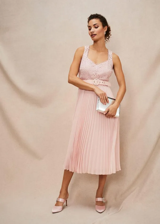 Phase Eight Kassidy Lace Bodice Pleat Dress Petal Pink Women Dresses