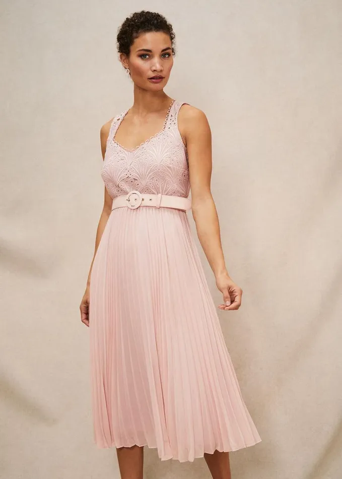 Phase Eight Kassidy Lace Bodice Pleat Dress Petal Pink Women Dresses