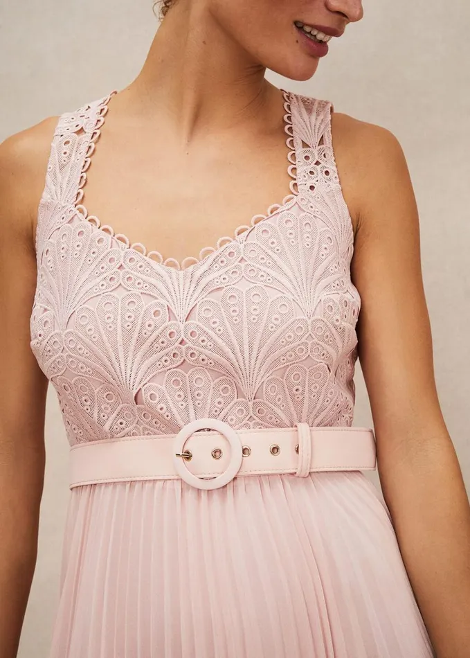 Phase Eight Kassidy Lace Bodice Pleat Dress Petal Pink Women Dresses