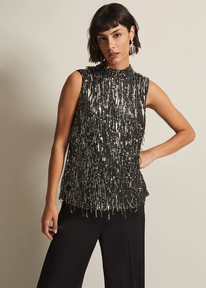Phase Eight Kerrie Tassel Sequin Top Black Women Tops and TShirts