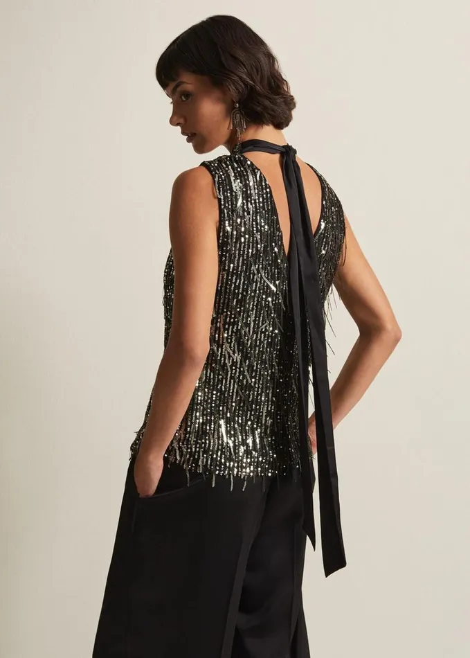 Phase Eight Kerrie Tassel Sequin Top Black Women Tops and TShirts