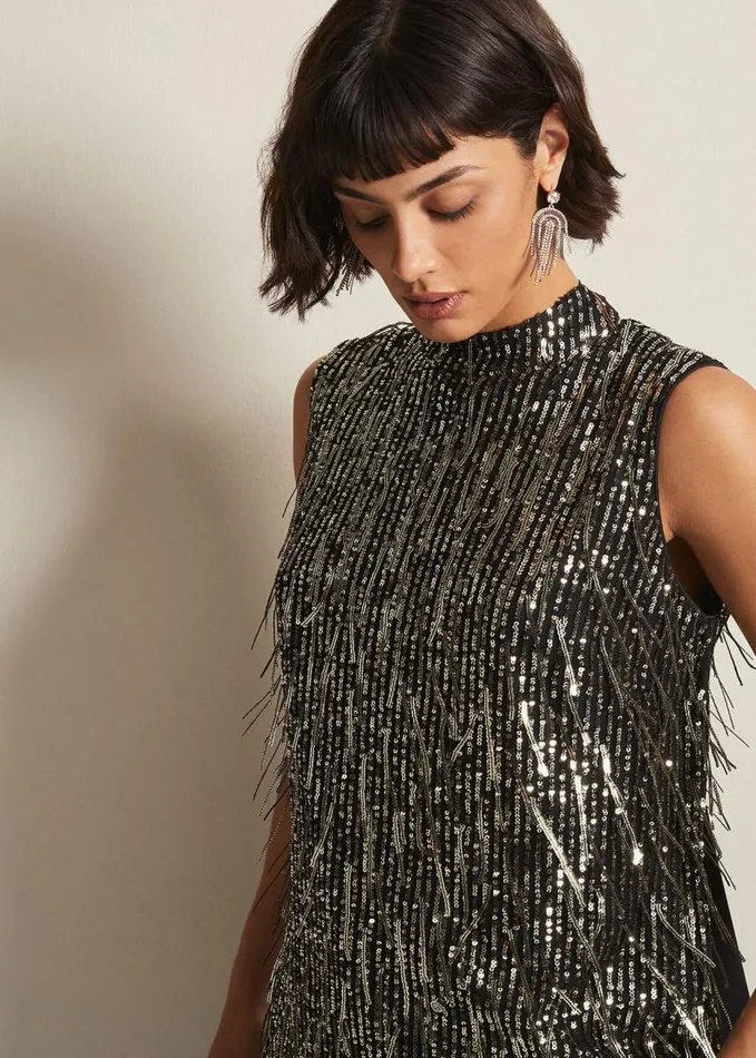 Phase Eight Kerrie Tassel Sequin Top Black Women Tops and TShirts