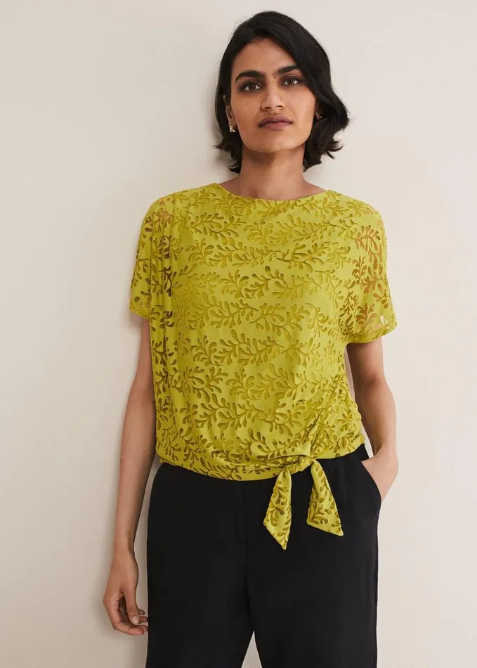 Phase Eight Kirstin Leaf Print Burnout Top Olive Women Tops and TShirts