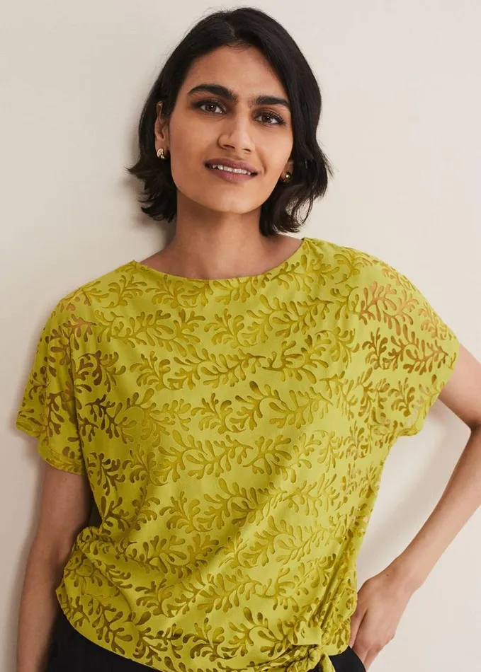 Phase Eight Kirstin Leaf Print Burnout Top Olive Women Tops and TShirts