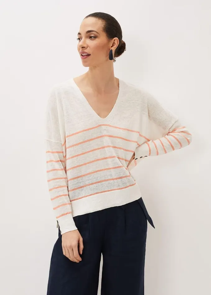 Phase Eight Kisty Linen Stripe Fine Knit Jumper Coralivory Women Knitwear