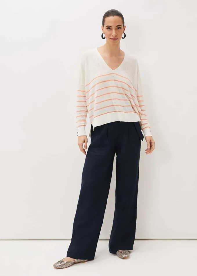 Phase Eight Kisty Linen Stripe Fine Knit Jumper Coralivory Women Knitwear
