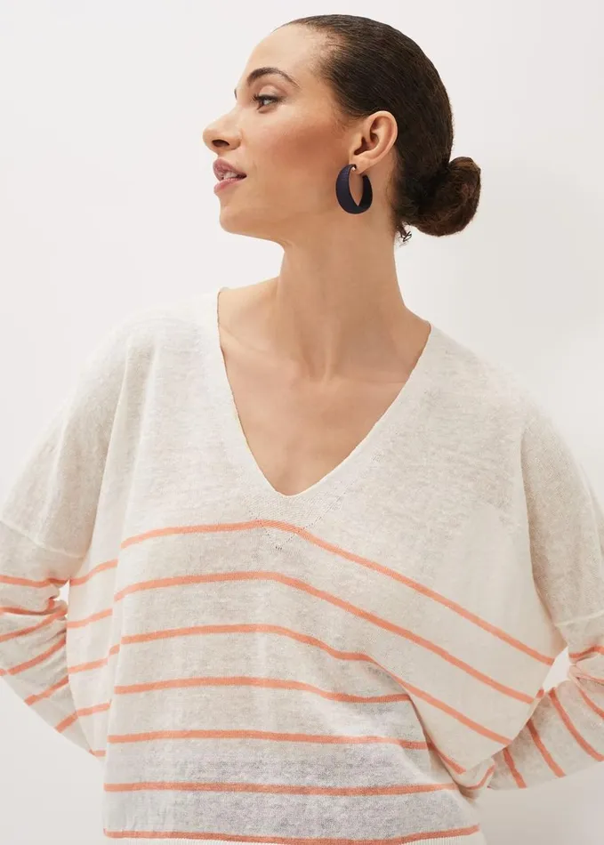 Phase Eight Kisty Linen Stripe Fine Knit Jumper Coralivory Women Knitwear