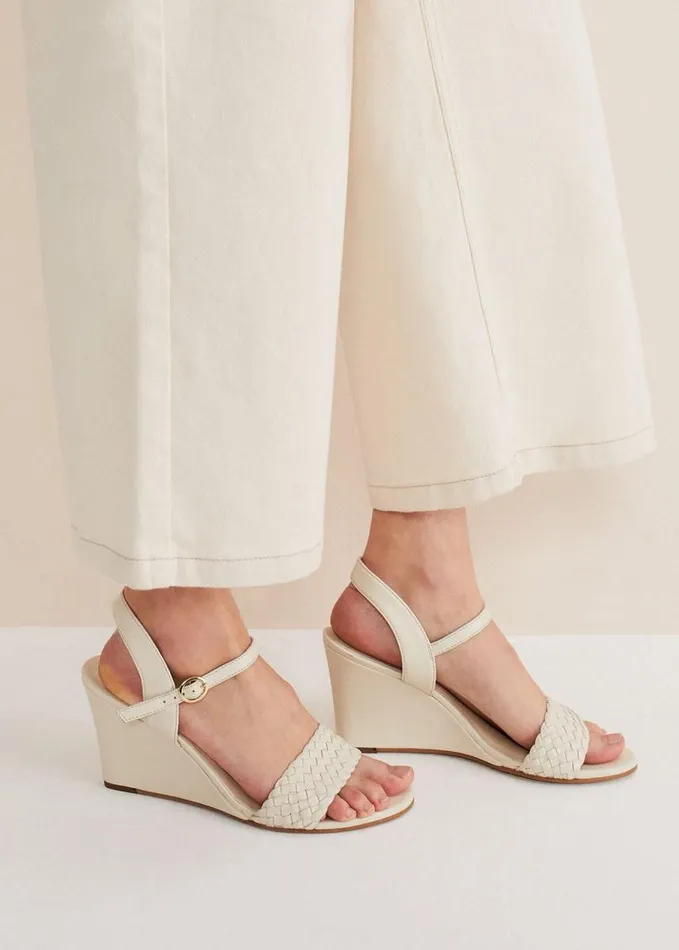 Phase Eight Leather Plait Strap Wedge Shoe Ivory Women Heels