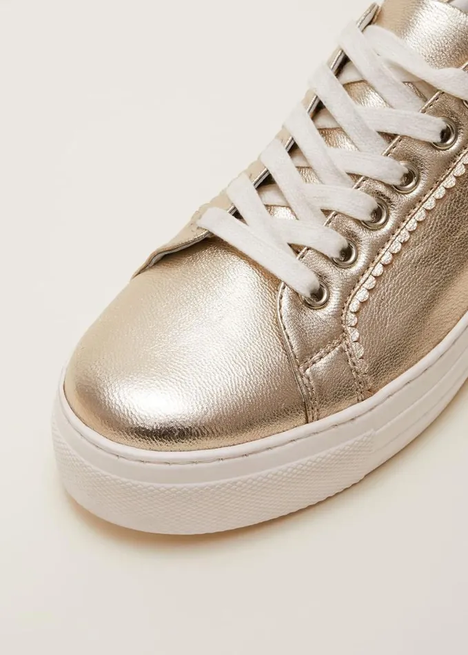 Phase Eight Leather Platform Trainers Gold Women Flats