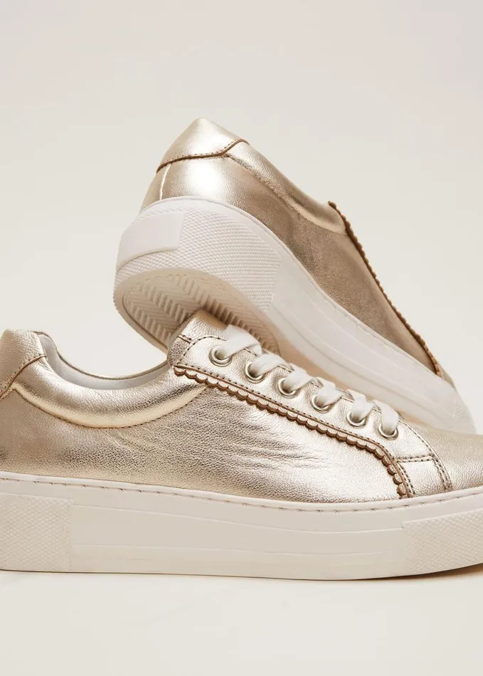 Phase Eight Leather Platform Trainers Gold Women Flats