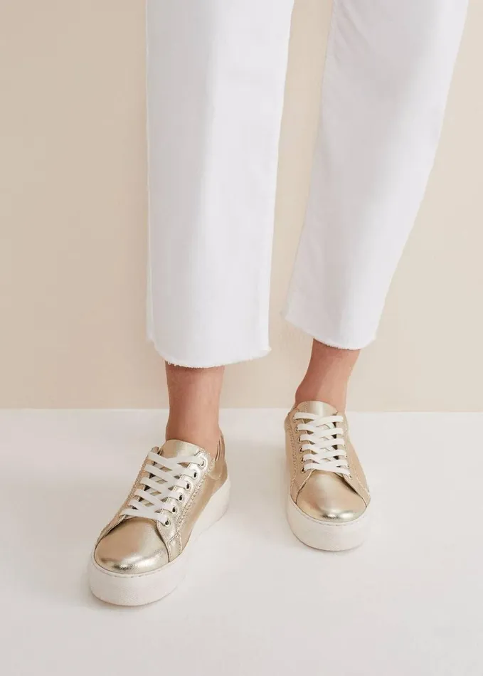 Phase Eight Leather Platform Trainers Gold Women Flats