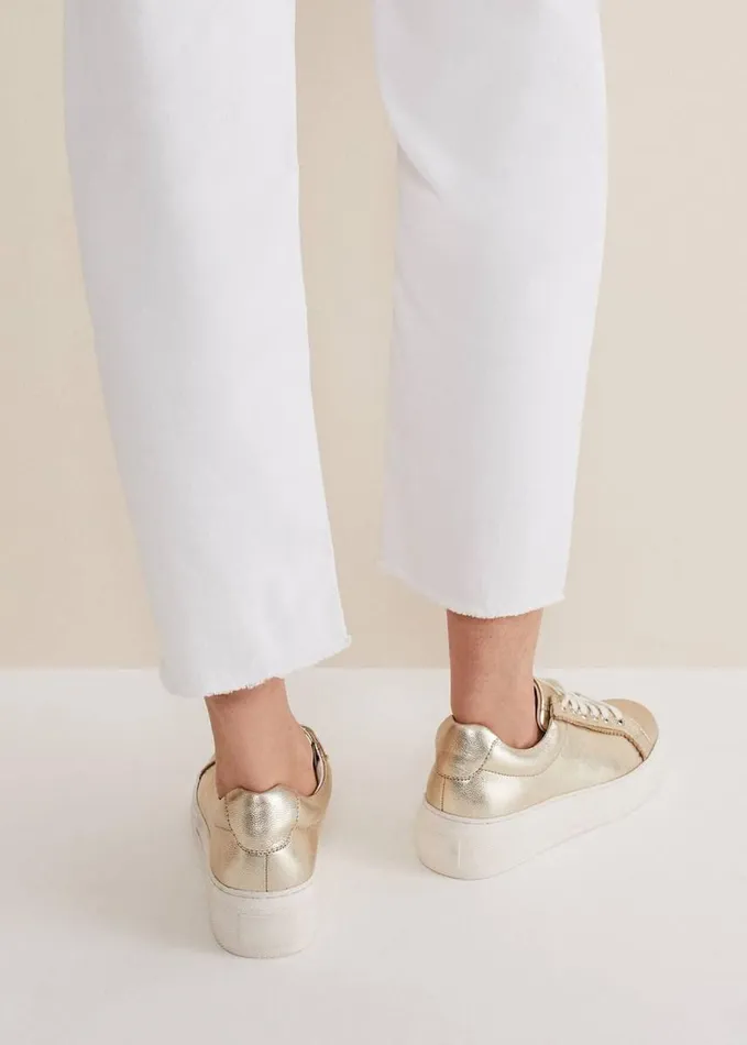 Phase Eight Leather Platform Trainers Gold Women Flats