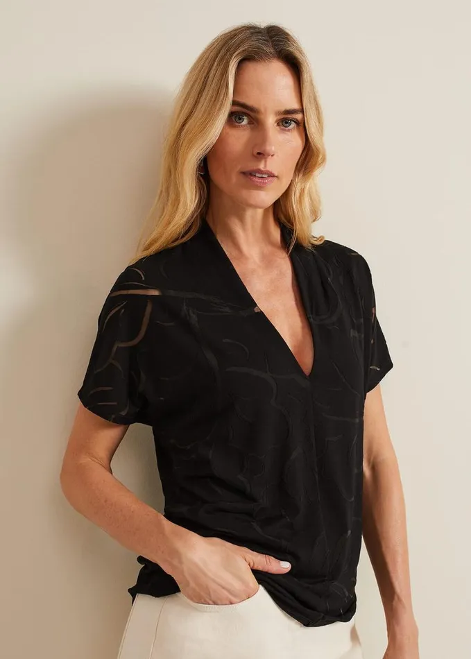 Phase Eight Linda Linear Leaf Burnout Top Black Women Tops and TShirts