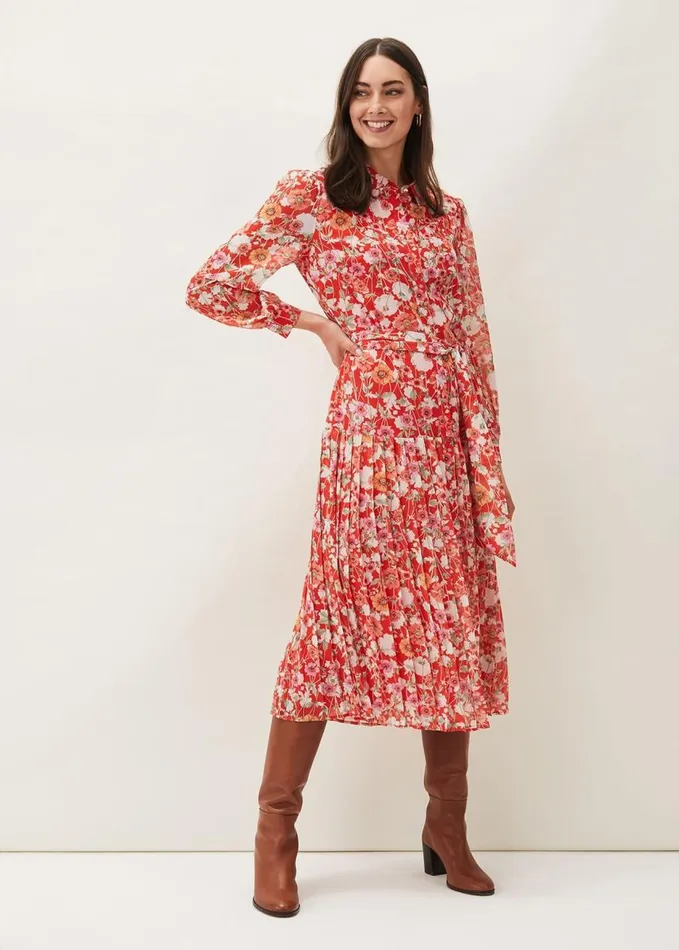 Phase Eight Lottie Floral Pleated Shirt Dress Saffron Women Dresses