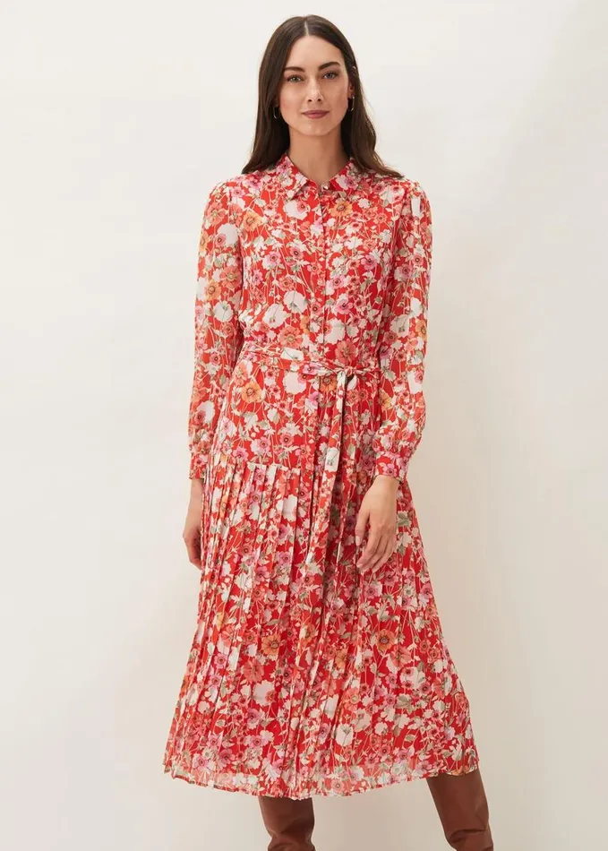 Phase Eight Lottie Floral Pleated Shirt Dress Saffron Women Dresses