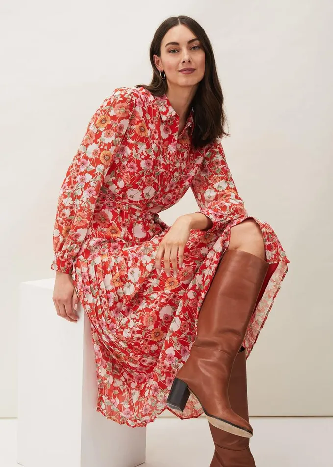 Phase Eight Lottie Floral Pleated Shirt Dress Saffron Women Dresses