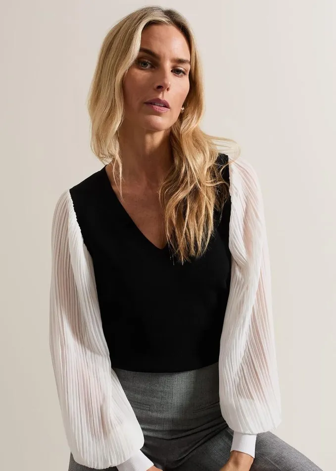 Phase Eight Maple V Neck Woven Sleeve Jumper Black Women Knitwear