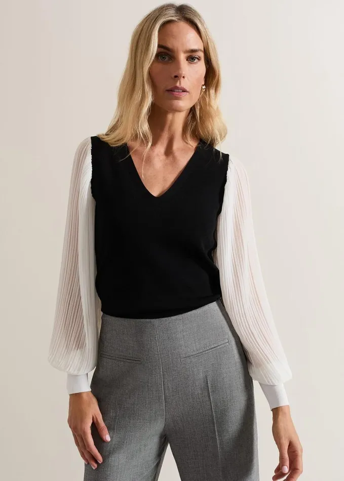 Phase Eight Maple V Neck Woven Sleeve Jumper Black Women Knitwear