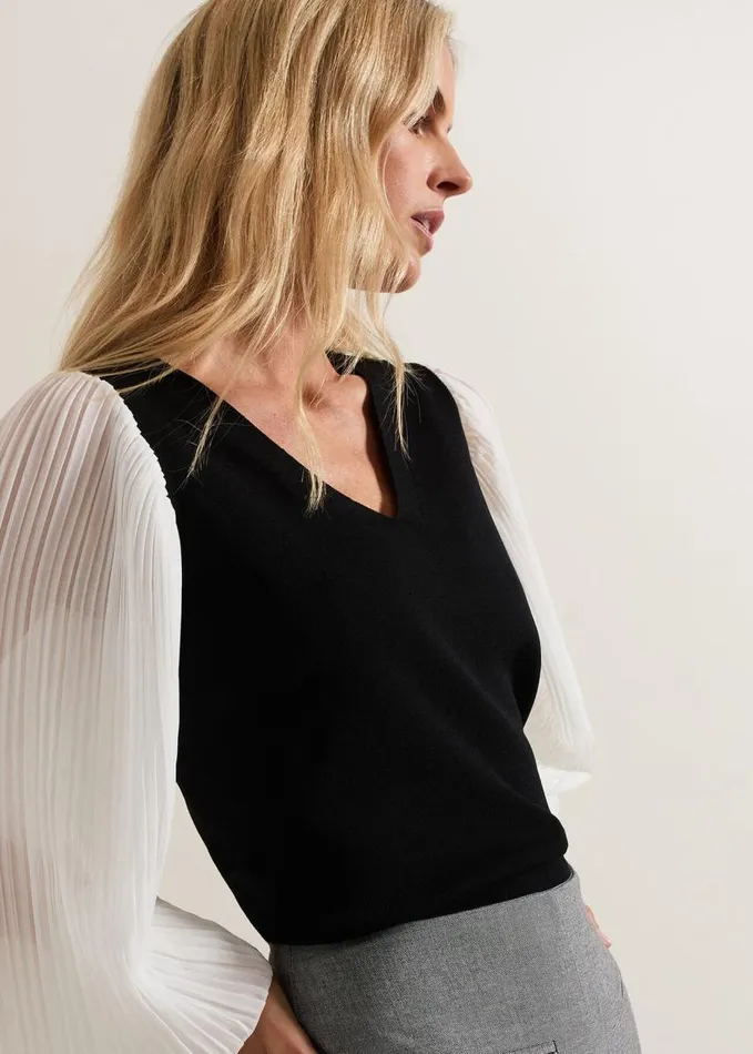 Phase Eight Maple V Neck Woven Sleeve Jumper Black Women Knitwear