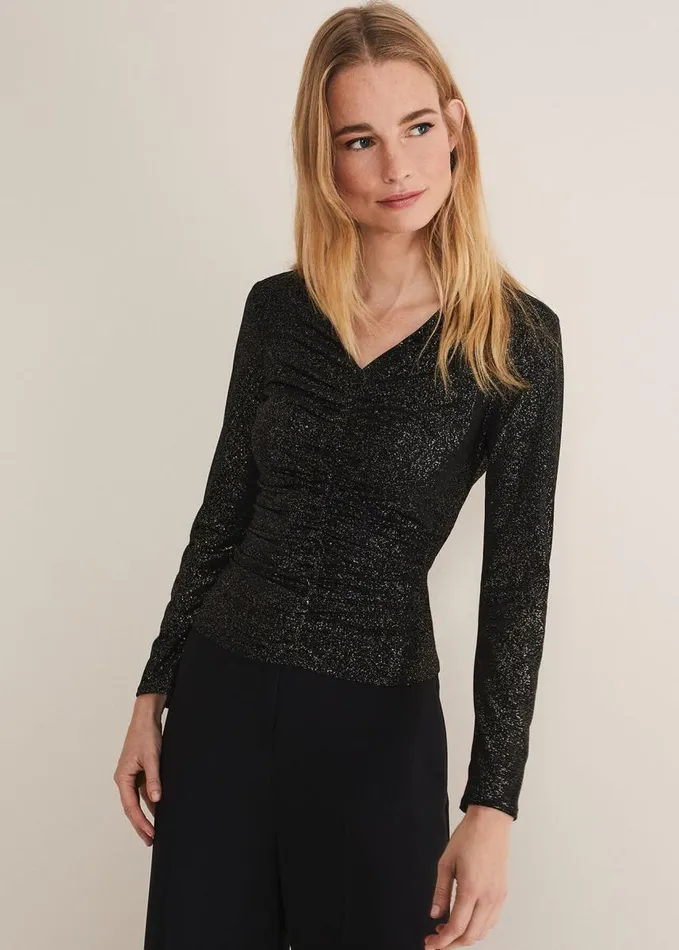 Phase Eight Marta Ruched Front VNeck Top Blackgold Women Tops and TShirts