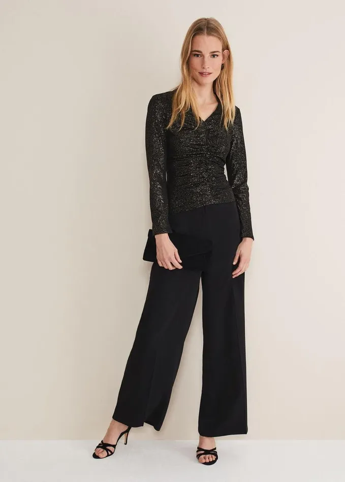 Phase Eight Marta Ruched Front VNeck Top Blackgold Women Tops and TShirts